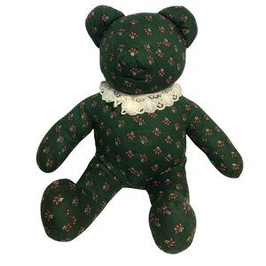 Handmade Green Teddy Bear With Lace Collar & Floral Print Vintage 14"